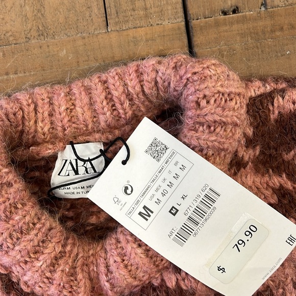 Zara Pink chunky knit Houndstooth Sweater nwt - Picture 4 of 7